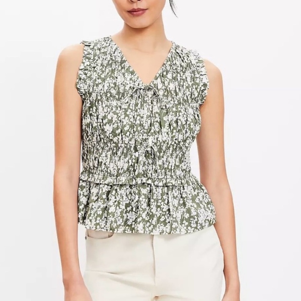 LOFT Olive Green Floral Smocked Tie Sleeveless Top